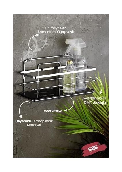 Menashop Haus Yapışkanlı Ömür Boyu Paslanmaz Ayarlanabilir Raf Banyo Düzenleyici Şampuanlık Krom Siyah Lş-01 Ks modelleri