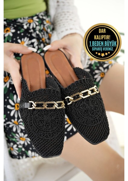 Kadın Önü Kapalı Hasır Terlik Siyah Dantel Örme Zincirli Çeyiz Günlük Terliği