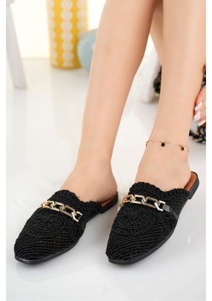 Kadın Önü Kapalı Hasır Terlik Siyah Dantel Örme Zincirli Çeyiz Günlük Terliği fiyatları