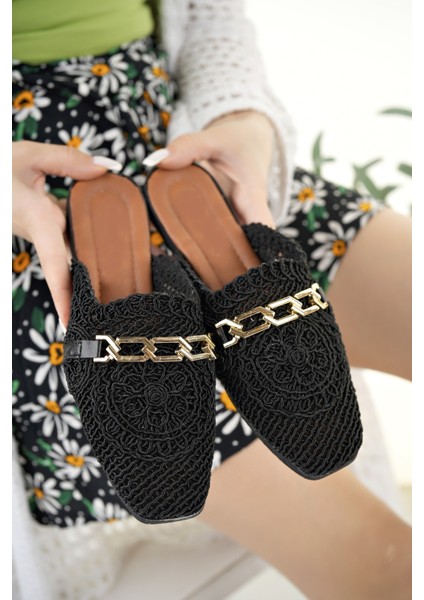 Kadın Önü Kapalı Hasır Terlik Siyah Dantel Örme Zincirli Çeyiz Günlük Terliği modelleri
