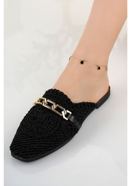 Kadın Önü Kapalı Hasır Terlik Siyah Dantel Örme Zincirli Çeyiz Günlük Terliği fırsatları