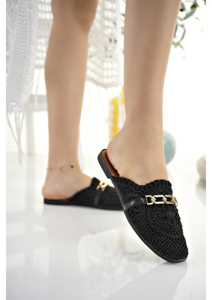 Kadın Önü Kapalı Hasır Terlik Siyah Dantel Örme Zincirli Çeyiz Günlük Terliği indirimleri