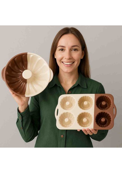 Ikili Silikon Kek Kalıbı Seti - Yuvarlak Kek Kalıbı ve 6 Lı Tepsi Muffin Kalıp Çikolata Rengi