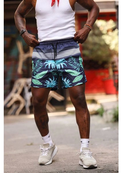 Erkek Palmiye Desenli Deniz Cepli Şort - Mavi