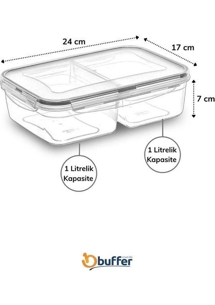 Mulvxkrg KRG02 2 Bölmeli 1+1 Litre Kilitli Kapaklı Erzak Saklama Kabı LC-525 (Mulvix)