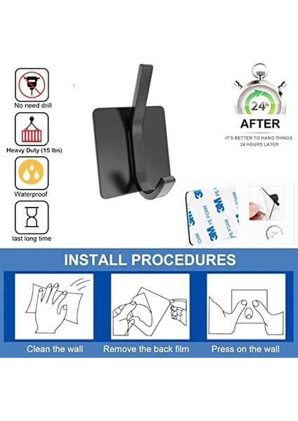 Menashop Metrashop Kendinden Yapışkanlı Askılık - 5'li Paket, Ağır Hizmet, Duvar Kancaları, Su Geçirmez Paslanmaz Çelik Askılıklar Ceket, Havlu, Bornoz Askılık Duvara Montaj, Banyo Mutfak Garaj Ev Otel Ofis Dolabı ve Yatak Odası Askıları 3m Bantlı, Mat Siyah 04