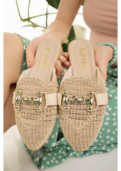 Kadın Hasır Terlik Bej Önü Kapalı Örgü Dantel Triko Örme Taş Toka Detaylı Şık Yazlık Ev Plaj Tatil Terliği