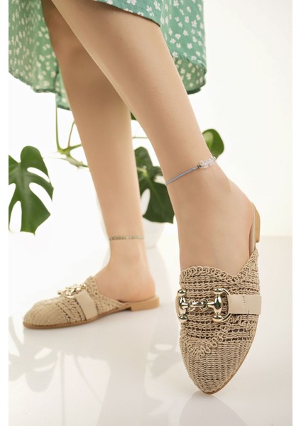 Kadın Hasır Terlik Bej Önü Kapalı Örgü Dantel Triko Örme Taş Toka Detaylı Şık Yazlık Ev Plaj Tatil Terliği fiyatları