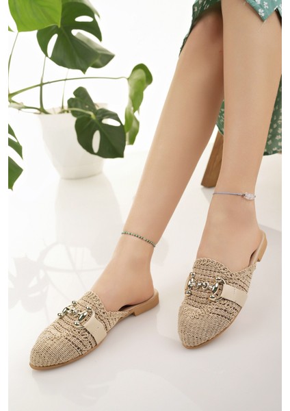 Kadın Hasır Terlik Bej Önü Kapalı Örgü Dantel Triko Örme Taş Toka Detaylı Şık Yazlık Ev Plaj Tatil Terliği fırsatları