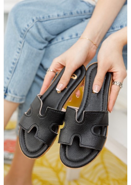 Kadın Siyah Hermes Model Terlik Petli Yumuşak Terlik Çeyiz Bohça Terliği Şık Zarif Misafir Terliği indirimleri