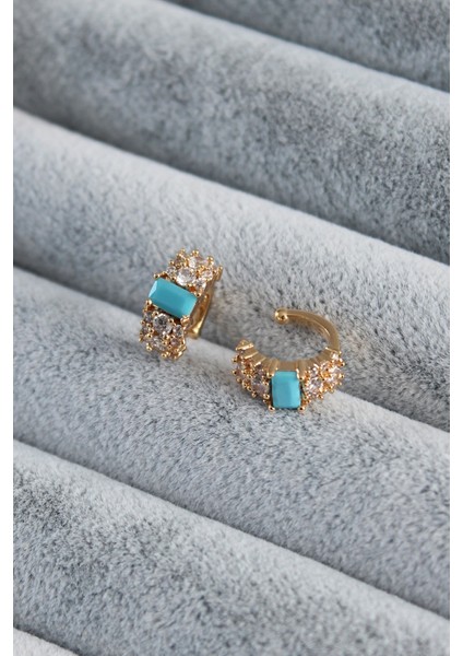 Zirkon Taşlı Mavi Taş Detaylı Earcuff Kıkırdak Küpe