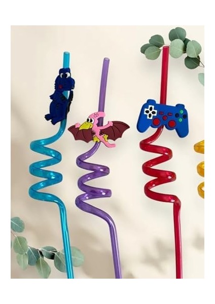 - 4 Adet Şekilli Çocuk Pipeti - 26 cm Uzunluğunda Kıvrımlı ve Figürlü Renkli Plastik Pipet Seti