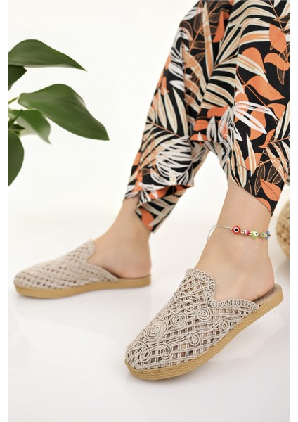 Kadın Hasır Terlik Bej Önü Kapalı Örgü Dantel Triko Nakış Detaylı Şık Yeni Sezon Yazlık Ev Plaj Tatil Terliği modelleri