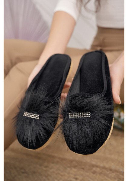 Siyah Kadın Tüylü Ev Terliği Kışlık Kapalı Yumuşak Rahat Taşlı Terlik Doğum Çeyiz Misafir Terliği