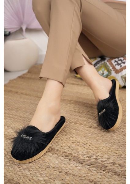Siyah Kadın Tüylü Ev Terliği Kışlık Kapalı Yumuşak Rahat Taşlı Terlik Doğum Çeyiz Misafir Terliği modelleri