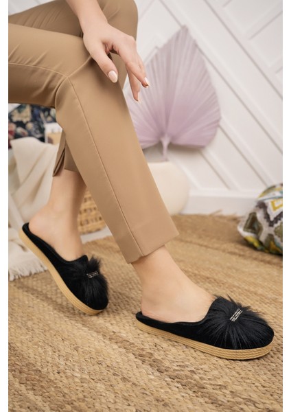 Siyah Kadın Tüylü Ev Terliği Kışlık Kapalı Yumuşak Rahat Taşlı Terlik Doğum Çeyiz Misafir Terliği fırsatları