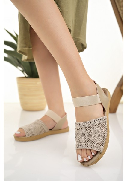 Kadın Hasır Sandalet Bej Örgü Dantel Triko Nakış Işlemeli Yeni Sezon Yazlık Ev Plaj Tatil Sandalet