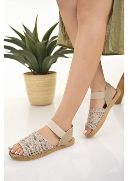 Kadın Hasır Sandalet Bej Örgü Dantel Triko Nakış Işlemeli Yeni Sezon Yazlık Ev Plaj Tatil Sandalet fiyatları