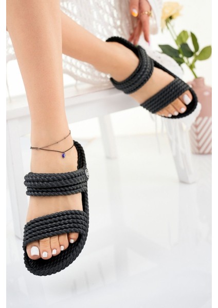 Kadın Siyah Hasır Örgü Sandalet Terlik Yıkanabilir Kaydırmaz Masaj Taban Deniz Plaj Günlük Sandalet Terlik