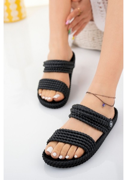 Kadın Siyah Hasır Örgü Sandalet Terlik Yıkanabilir Kaydırmaz Masaj Taban Deniz Plaj Günlük Sandalet Terlik modelleri