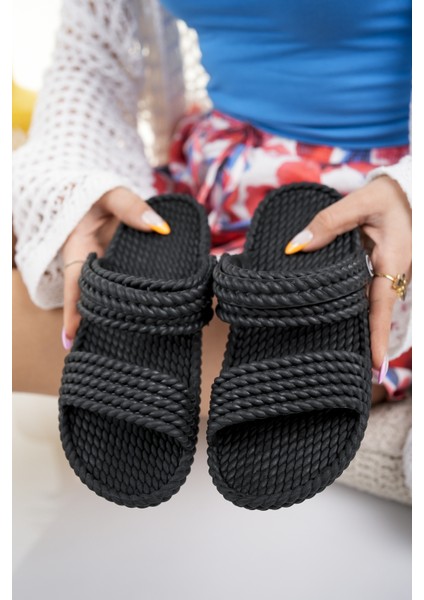 Kadın Siyah Hasır Örgü Sandalet Terlik Yıkanabilir Kaydırmaz Masaj Taban Deniz Plaj Günlük Sandalet Terlik fırsatları