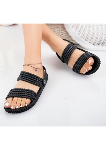 Kadın Siyah Hasır Örgü Sandalet Terlik Yıkanabilir Kaydırmaz Masaj Taban Deniz Plaj Günlük Sandalet Terlik indirimleri