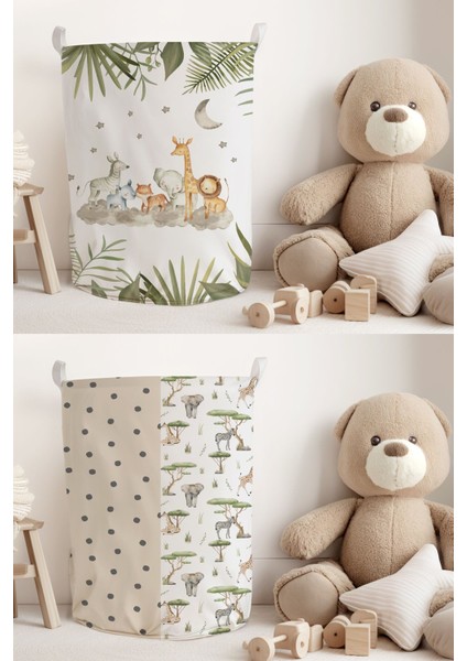 Safari Hayvanlar Desenli 2 Adet Çocuk ve Bebek Odası Oyuncak Veya Kirli Sepeti TLACS-041