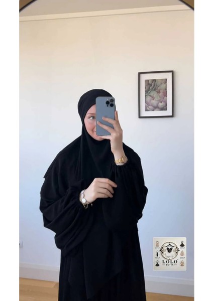 Moda Lolo Butık Ferace Sufle Peçe Takım Kiremit (Üç Parça Set) Medine Ipeği Siyah Rengi