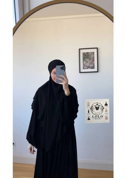 Moda Lolo Butık Ferace Sufle Peçe Takım Kiremit (Üç Parça Set) Medine Ipeği Siyah Rengi