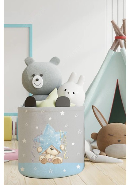 Mavi Yıldız Tutan Ayıcık Desenli Çocuk ve Bebek Odası Düzenleyici Oyuncak Veya Kirli Sepeti Tlas-13
