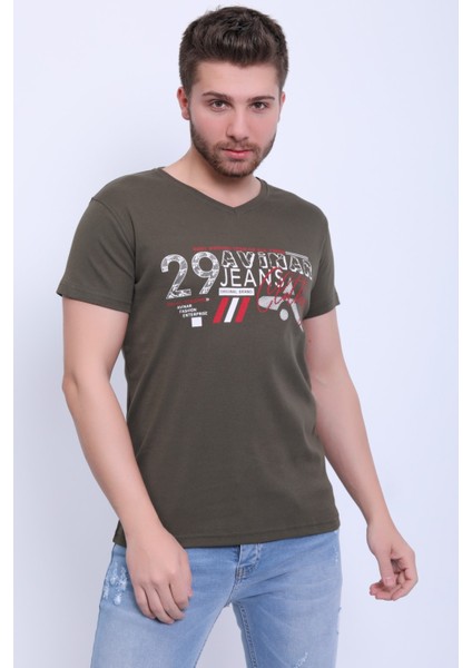 Unisex V Yaka Baskılı T-Shirt