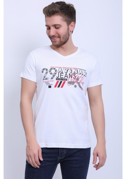 Unisex V Yaka Baskılı T-Shirt