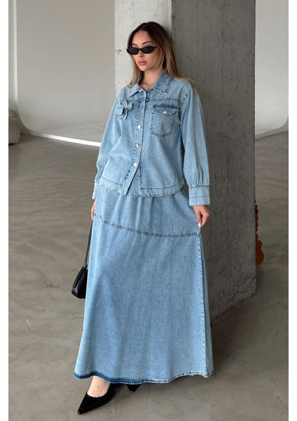 Çiçek Aplikeli Etek Ceket Denim Takım Mavi 9346-TK