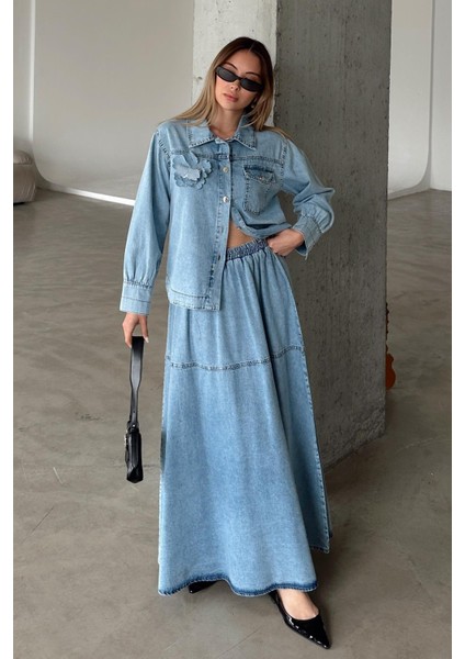 Çiçek Aplikeli Etek Ceket Denim Takım Mavi 9346-TK