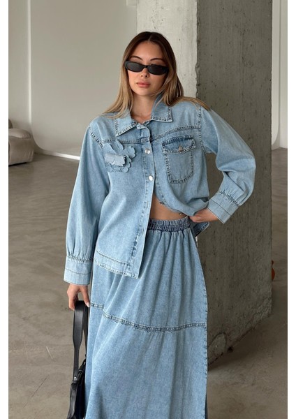 Çiçek Aplikeli Etek Ceket Denim Takım Mavi 9346-TK
