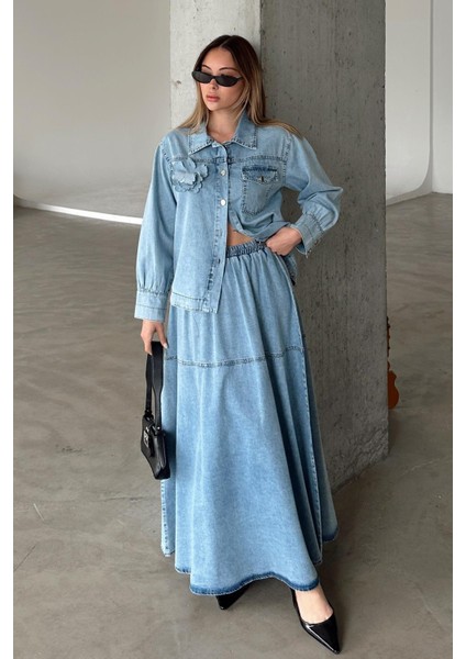 Çiçek Aplikeli Etek Ceket Denim Takım Mavi 9346-TK