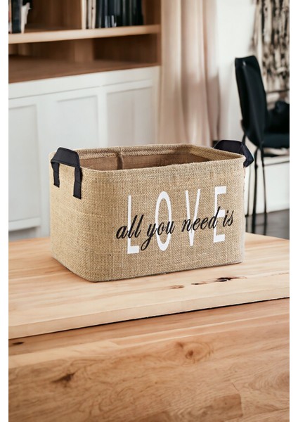 Love Baskılı Jüt Dolap Içi Çocuk Odası Oyuncak Düzenleyici Katlanır Saklama Sepeti ORGANIZER30X22X1