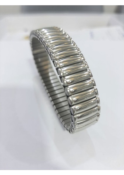 Çelik Bileklik Metal Kavisli Elastik Model 1 cm Genişlik 18 cm Uzunluk Ortası Gümüş Kenarı Gümüş Silver