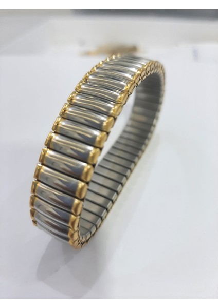 Çelik Bileklik Metal Düz Elastik Model 1 cm Genişlik 18 cm Uzunluk Ortası Gümüş Kenarı Gold