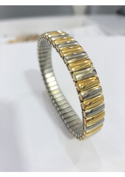 Çelik Bileklik Metal Kavisli Elastik Model 1 cm Genişlik 18 cm Uzunluk Gold Gümüş
