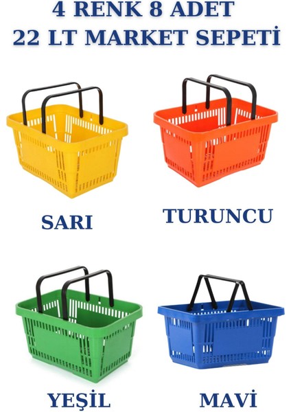 22 Litre 4 Renk 8 Adet Market Sepeti, Alışveriş Sepeti, Saplı Market Sepeti