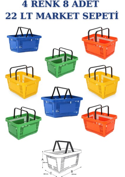 22 Litre 4 Renk 8 Adet Market Sepeti, Alışveriş Sepeti, Saplı Market Sepeti modelleri
