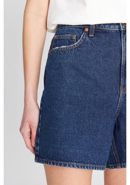 %100 Pamuk Regular Fit Normal Kesim Koyu Mavi Denim Şort