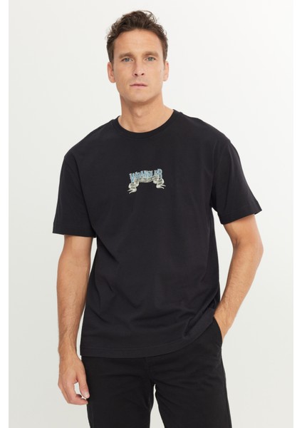 %100 Pamuk Relaxed Fit Geniş Kesim Bisiklet Yaka Siyah Tişört