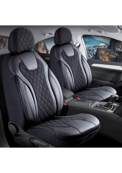 volkswagen Touran Uyumlu Lüx Yarı Deri Oto Koltuk Kılıfı Ön Arka Takım Cyrstal Siyah Kırmızı