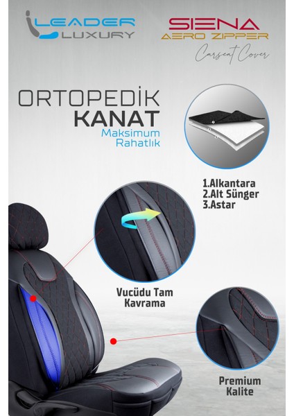 volkswagen Touran Uyumlu Lüx Yarı Deri Oto Koltuk Kılıfı Ön Arka Takım Cyrstal Siyah Kırmızı