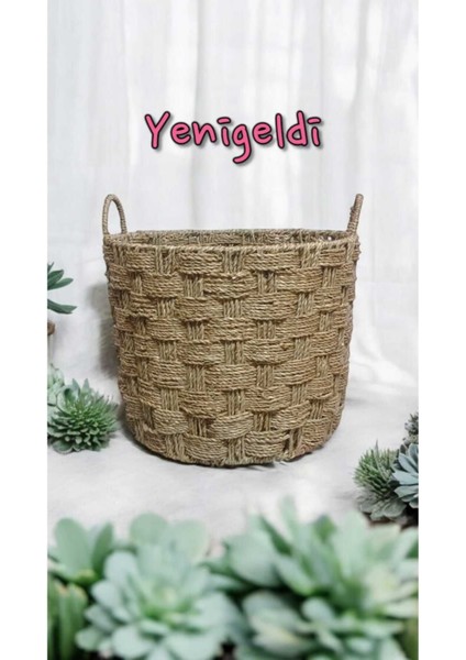 (Y:30*g:39*tg:30 Cm) 1 Adet Hasır Sepeti Saplı Dekoratif ve Işlevsel, Doğal YEN240028B