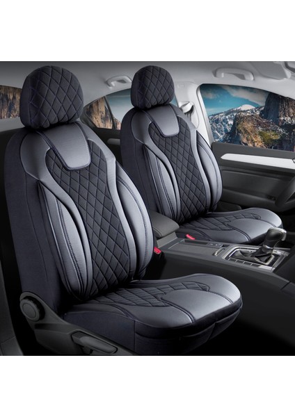 Hyundai İX55 Uyumlu Lüx Yarı Deri Oto Koltuk Kılıfı Ön Arka Takım Cyrstal Siyah Mavi