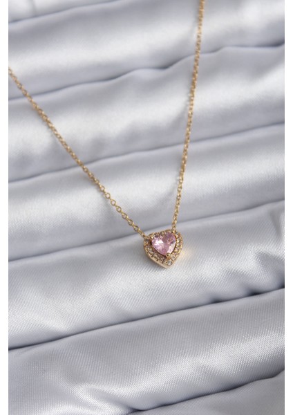 316L Çelik Zincir Gold Renk Pembe Zirkon Taşlı Charm Kadın Kolye - TJ-BKO7818