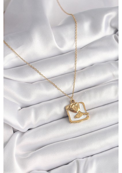 316L Çelik Gold Renk Zincir Beyaz Mineli Gül Portre Model Kadın Kolye - TJ-BKO9880